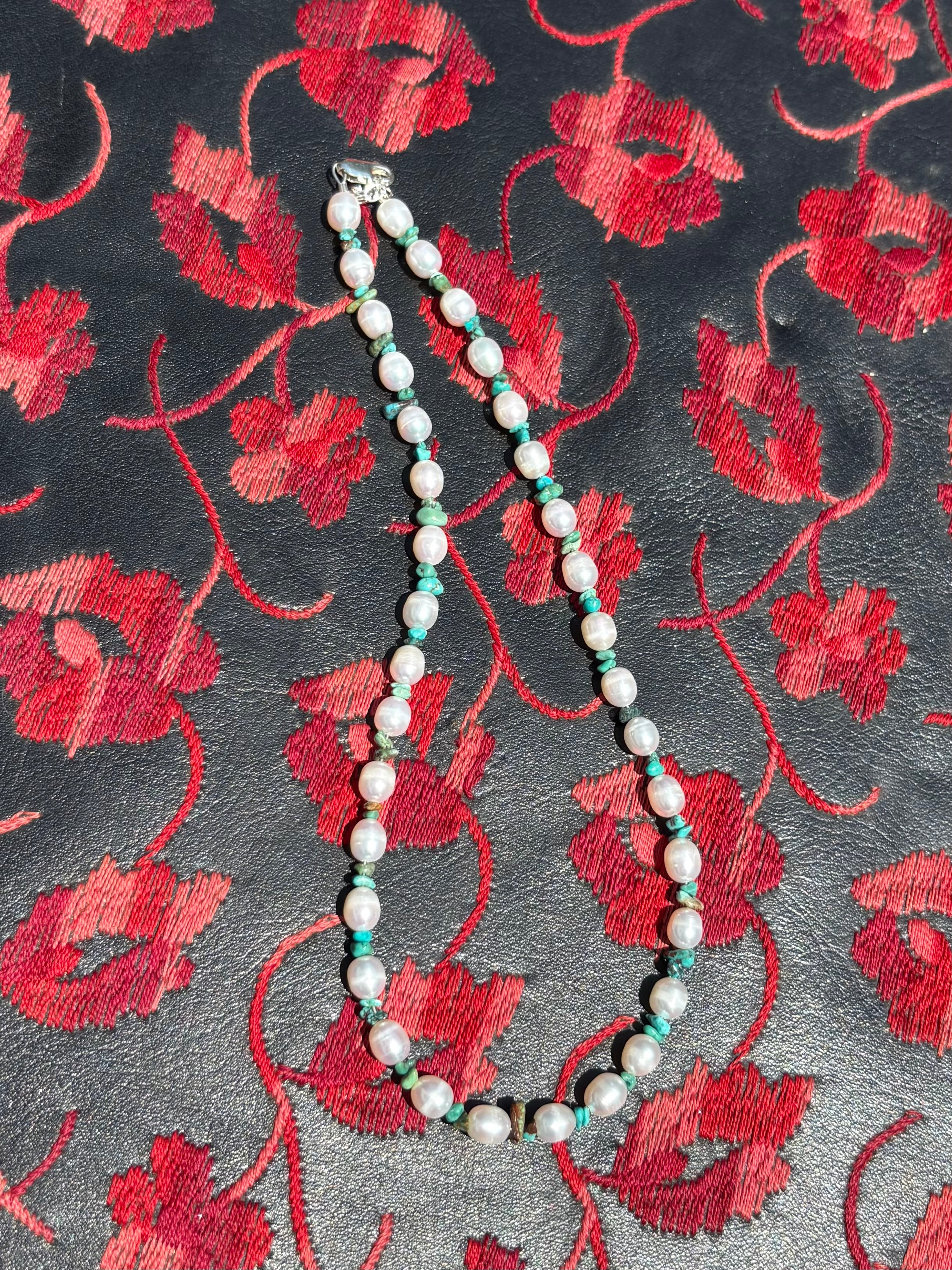 16-19” Freshwater Pearl & Turquoise Necklace
